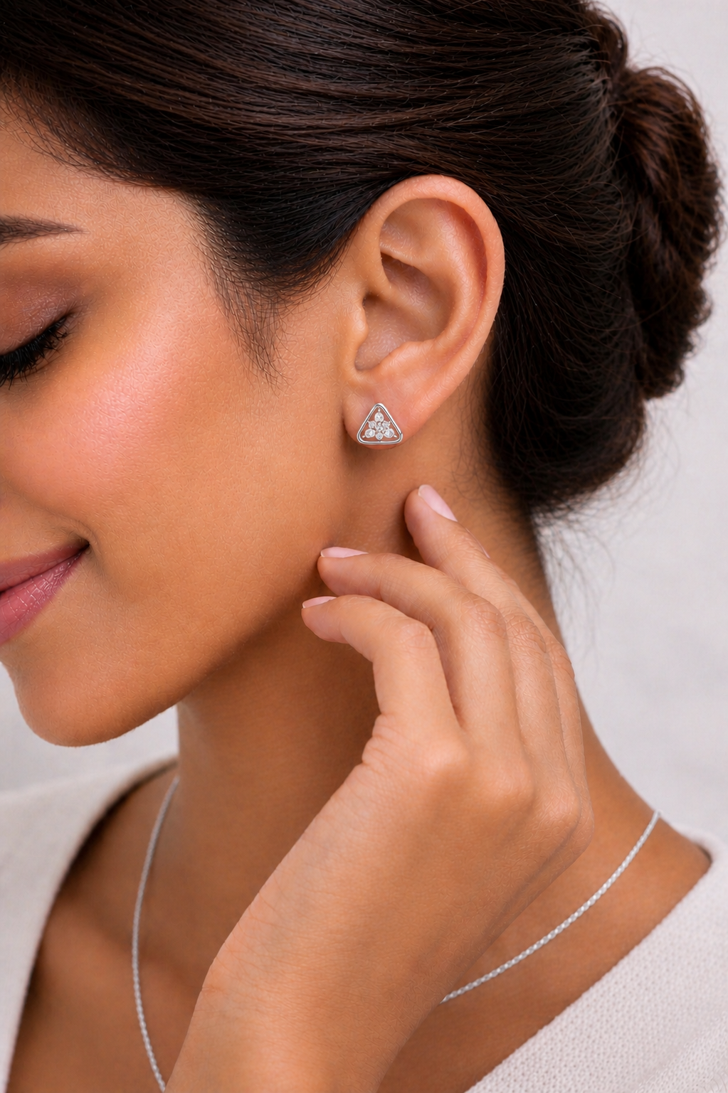 Triangle Shape Lab Grown Pear & Round Diamond Stud Earring - HIGHCARAT DIAMONDS