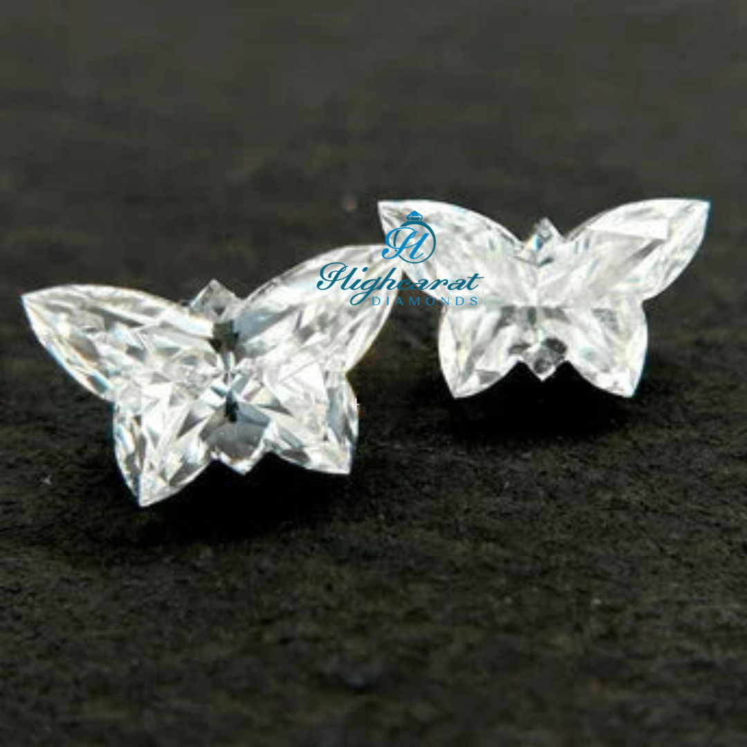 Unique butterfly cut lab grown diamond featuring precision facets and bright reflection