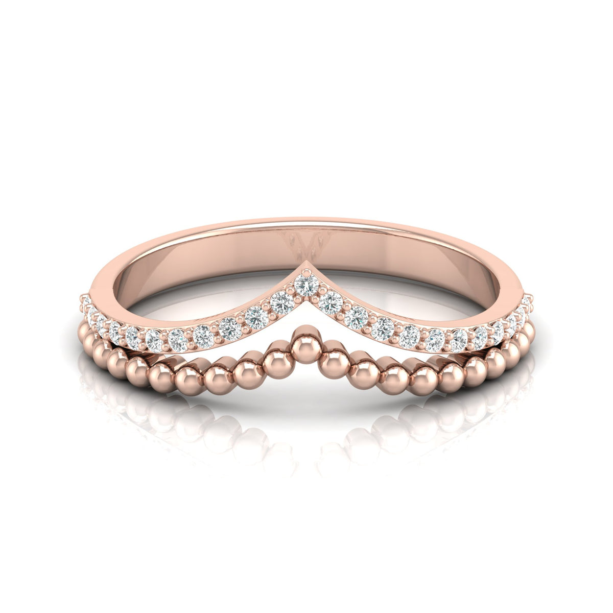 V Shape Crown Diamond Ring Beaded Band Design Dainty Wedding Ring For Her - HIGHCARAT DIAMONDS