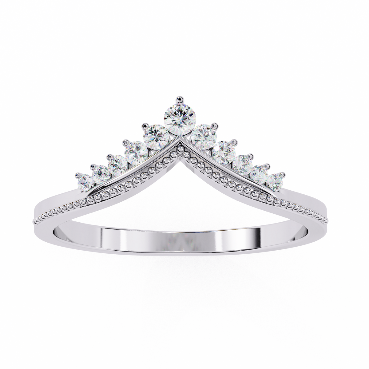 Front view of V shaped round lab grown diamond cluster band in white gold