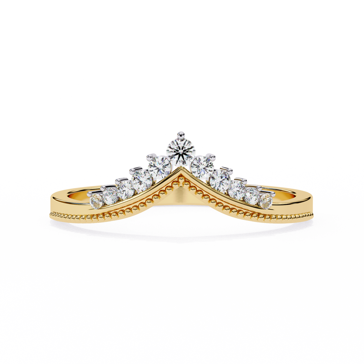 Angled view of V shaped round diamond cluster ring in white gold