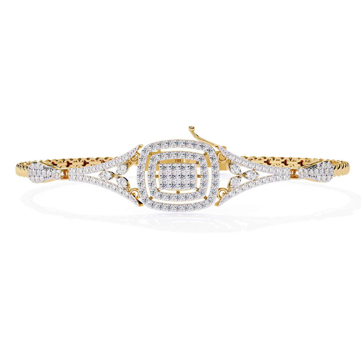 Yellow gold vintage diamond cuff bracelet with layered pave design