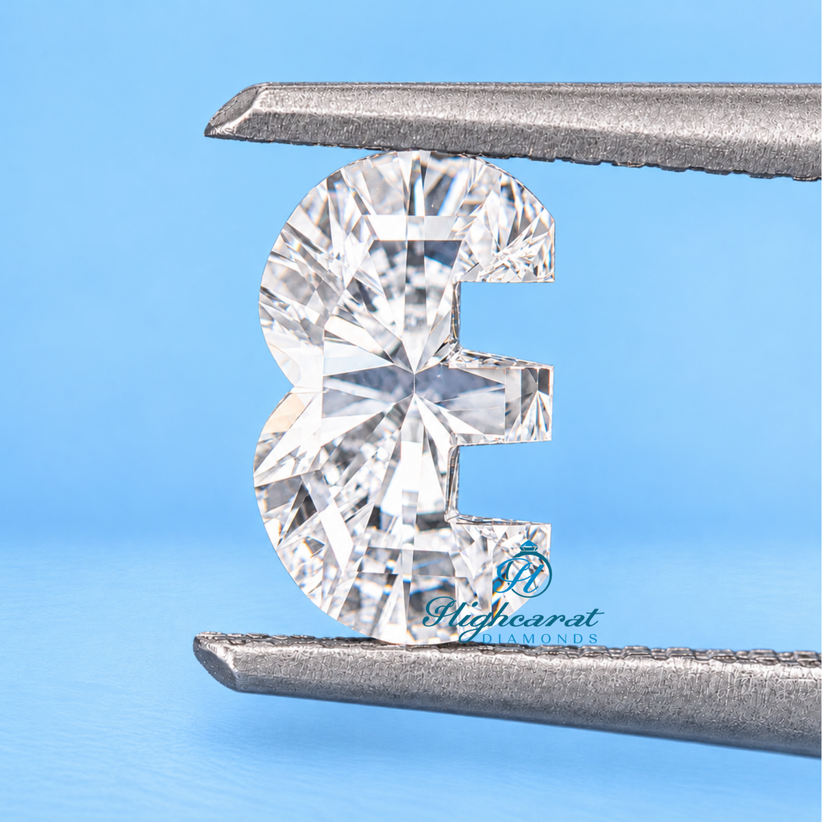 Close-up of letter E lab grown diamond