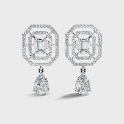 Emerald Cut and Pear Shape Lab Grown Diamond Halo Drop Earring