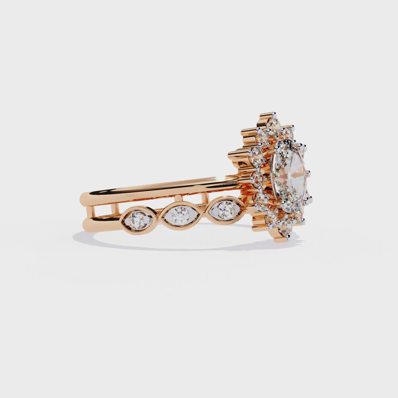 10K Yellow Gold Oval And Round Cut Diamond Halo Dainty Channel Set  Bridesmaid Ring Gift For Her