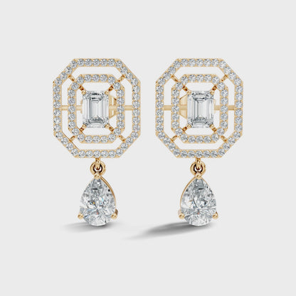 Emerald Cut and Pear Shape Lab Grown Diamond Halo Drop Earring