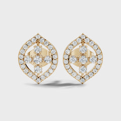Round Cut Lab Grown Diamond Unique Yellow Gold Halo Stud Earring