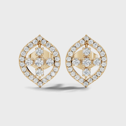 Round Cut Lab Grown Diamond Unique Yellow Gold Halo Stud Earring
