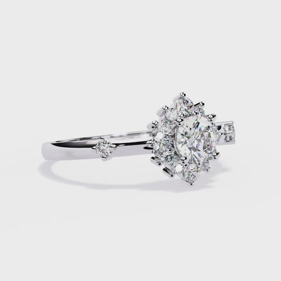 Round Cut Lab Grown Diamond Flower Shape Halo Style Prong Set Miniamlsit Promise Ring Gift For Her