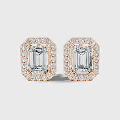 Emerald Cut Lab Grown Diamond Halo Stud Earrings