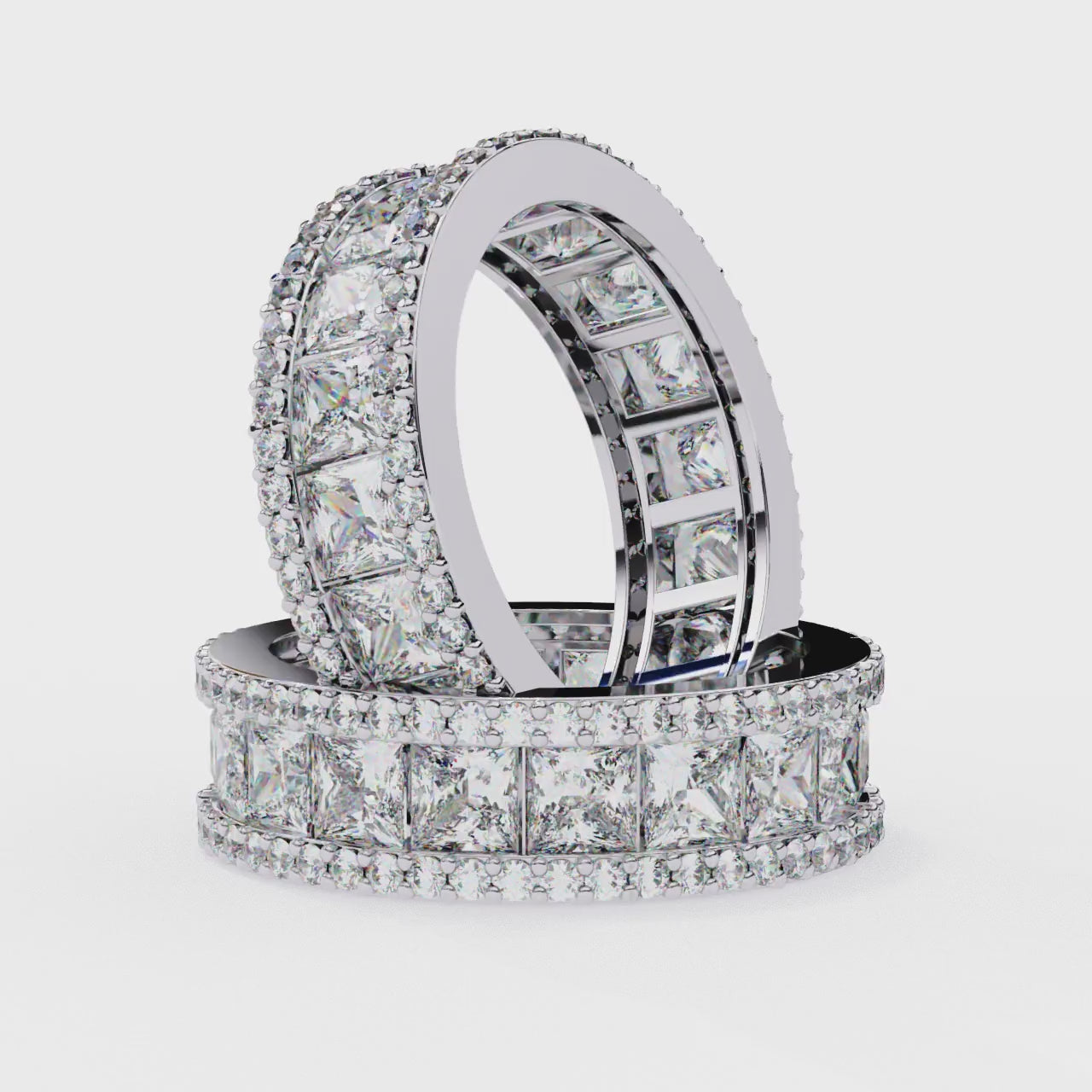 360 view video of princess cut lab diamond eternity band rotating on white background