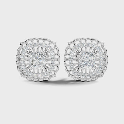 Cushion and Round Cut Lab Grown Diamond Square Halo Stud Earring