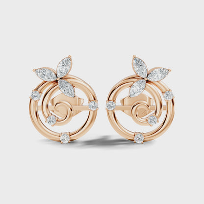 Marquise & Round Cut Lab Grown Diamond Spiral Floral Stud Earring