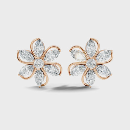 Marquise & Round Lab Diamond Unique Flower Shape Stud Earring