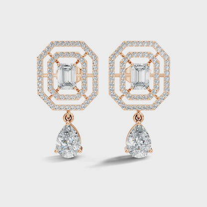 Emerald Cut and Pear Shape Lab Grown Diamond Halo Drop Earring