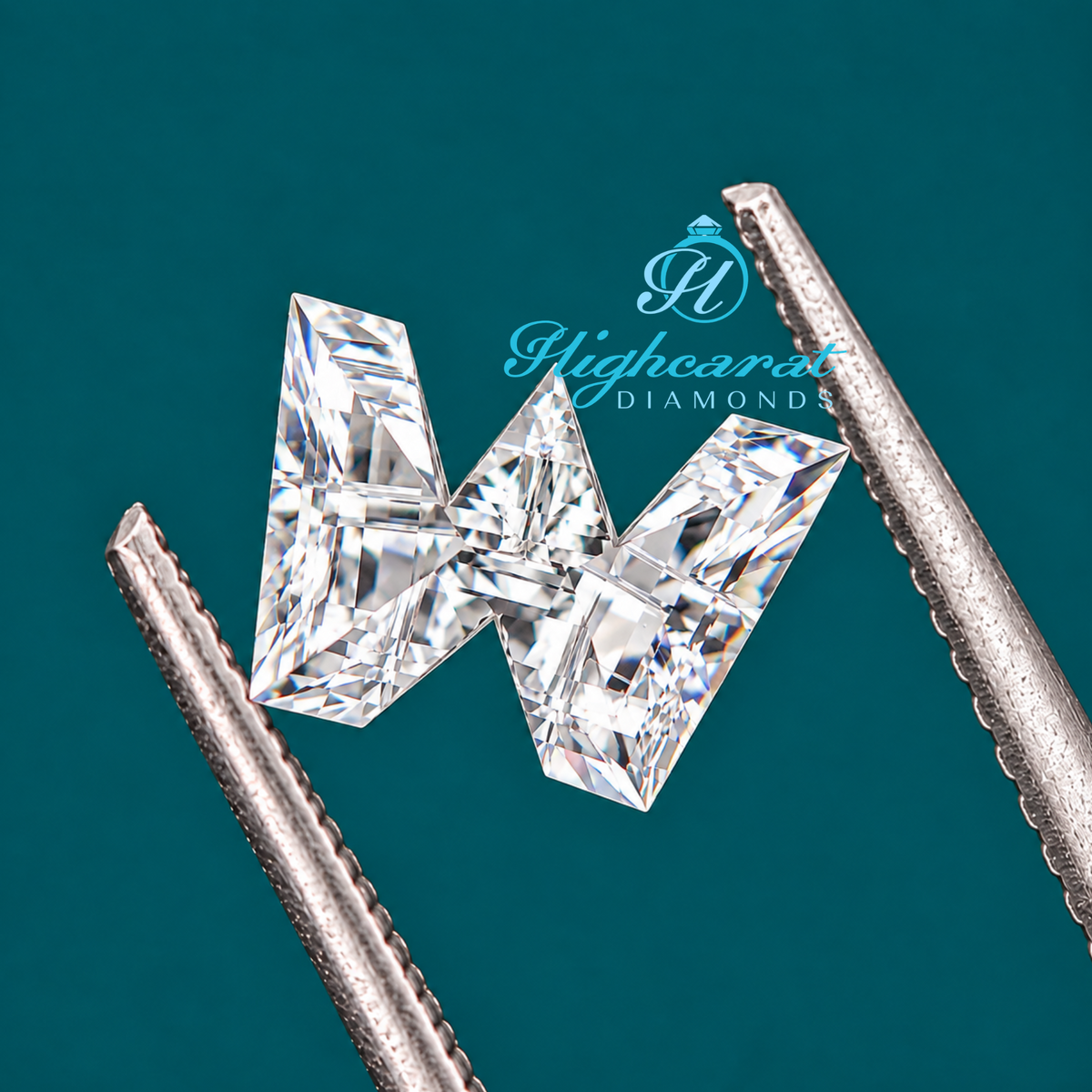 W letter shaped lab grown certified diamond angled side view