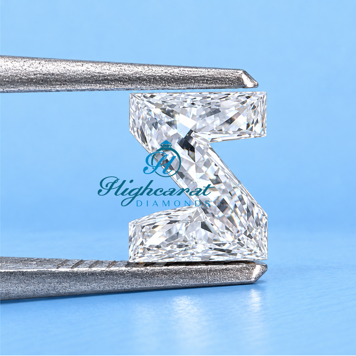 Z letter shaped lab grown certified diamond angled side view